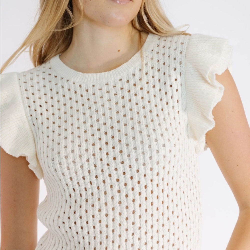 Cream Knit Ruffle Sleeve Top DKNY